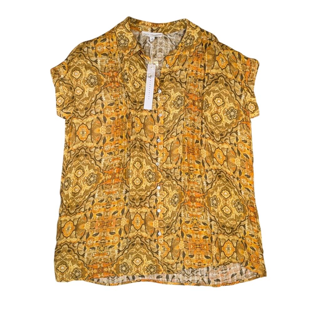 NWT Jane & Delancey M Boho Geometric Button Blouse Yellow Brown Short Sleeves